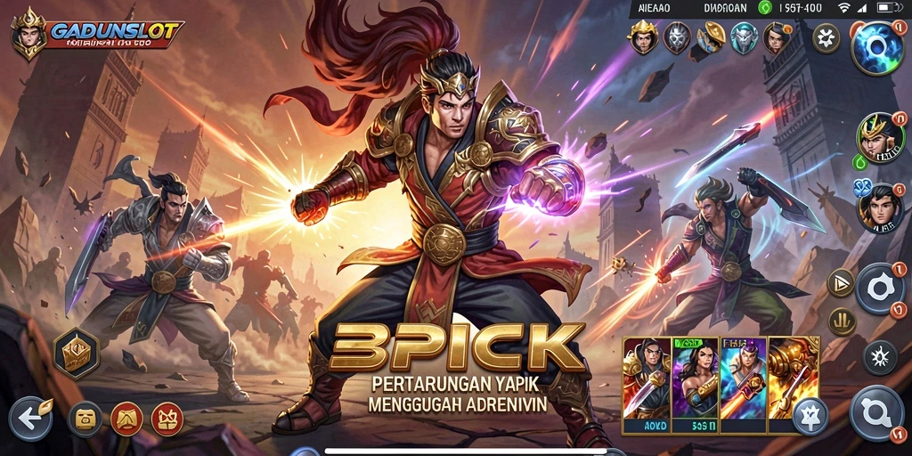 Tampilan utama GADUNSLOT menunjukkan aksi pertarungan yang seru.