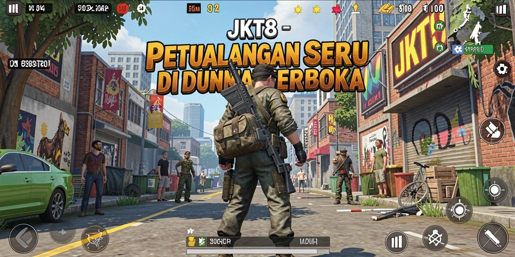 Tampilan gameplay JKT8 yang penuh aksi dan petualangan di dunia terbuka.