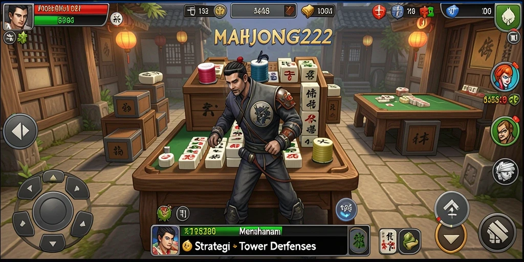 Tampilan gameplay strategis Tower Defense di MAHJONG222 dengan berbagai tower.