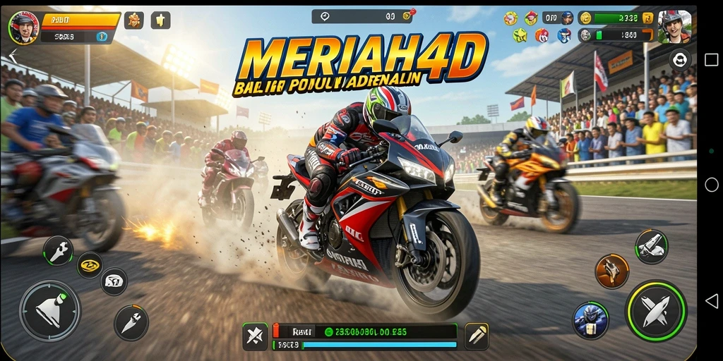 Screenshot gameplay MERIAH4D menampilkan kecepatan balapan motor yang intens.