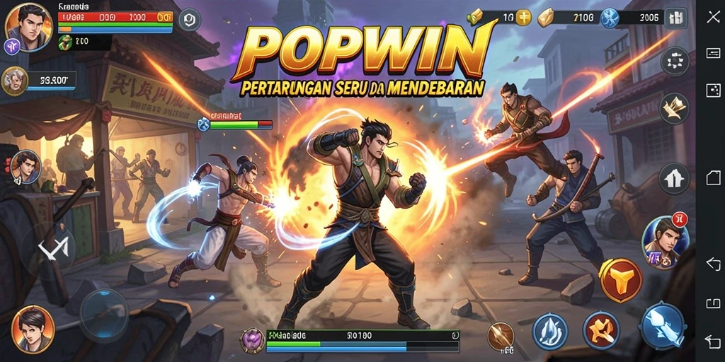 Screenshot POPWIN menampilkan pertempuran intens dengan karakter yang dinamis.